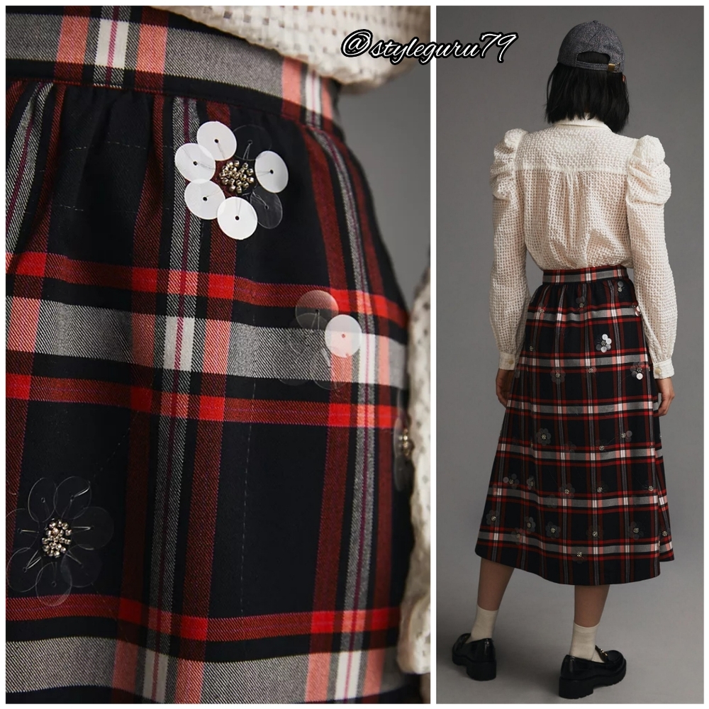 NWT, Anthropologie, MAEVE EMBELLISHED PLAID MIDI SKIRT In Black And Red - Picture 2 of 3